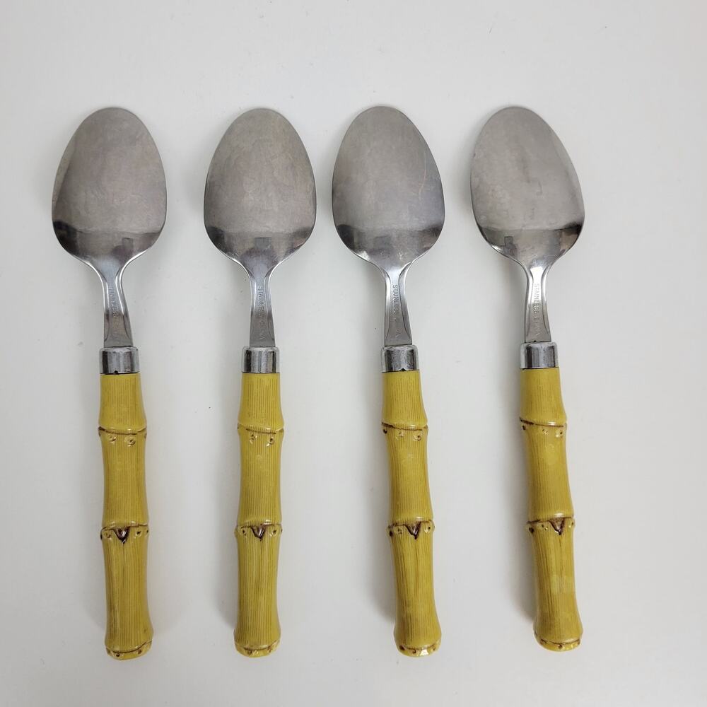 Vintage Kitchen Home Spoons One Size Silver Tiki Bamboo Handle Pattern Set of 4